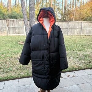 H&M Black Puffer Jacket with Vibrant Orange Hood